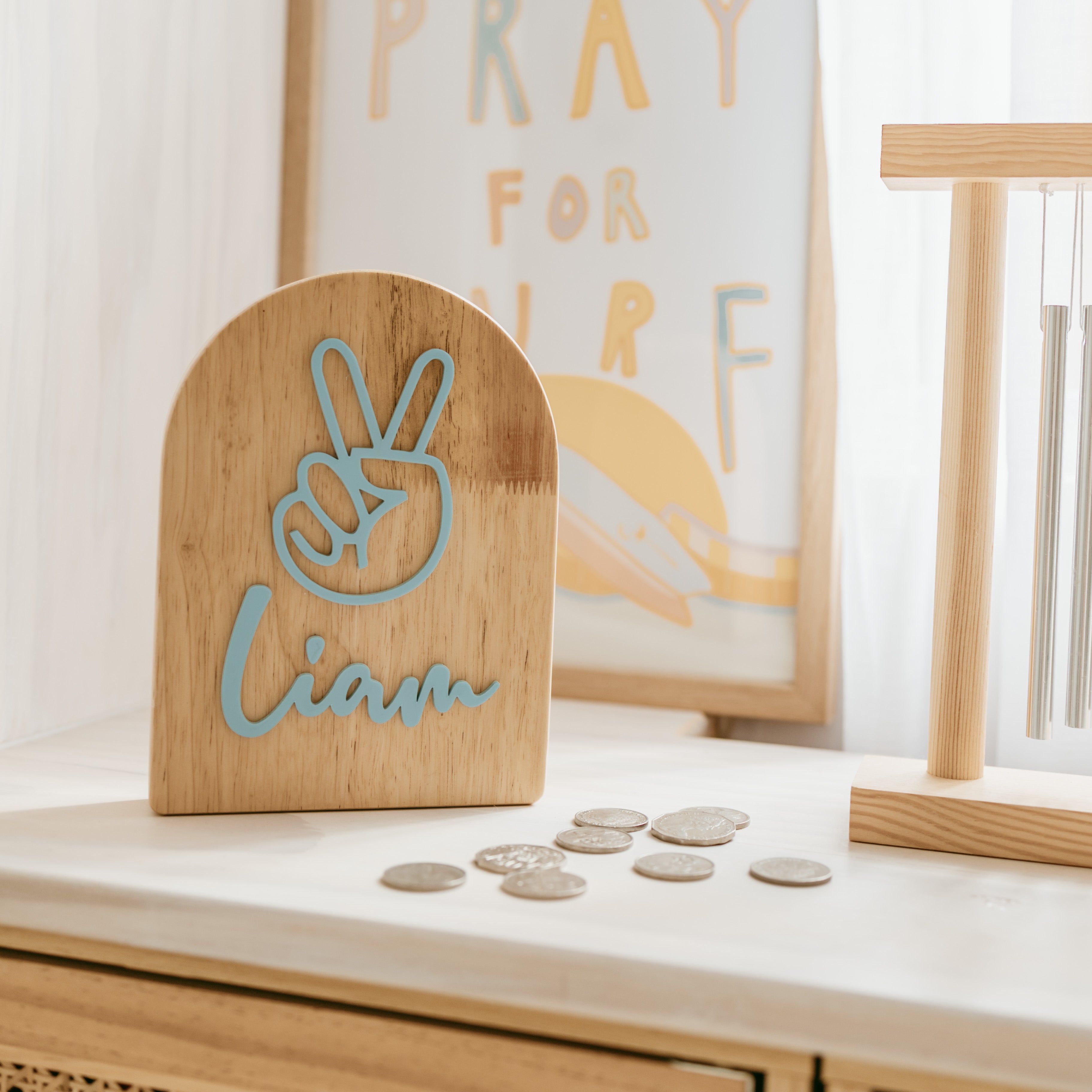 Acrylic Peace Sign Personalised Arch Moneybox